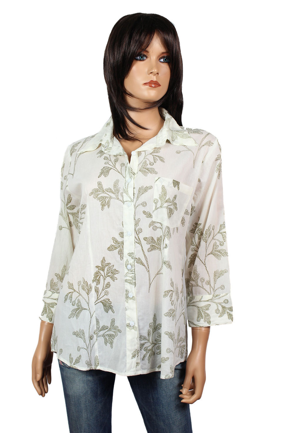 Chemisier - Blanc - Fleurs olive - 14029CH