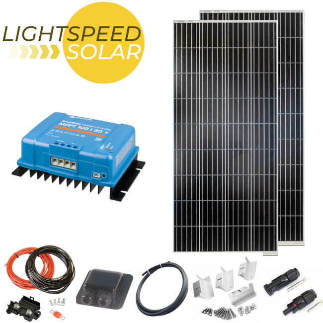Victron 2x 215W solar panel 12V 24V charging kit from Lightspeed Solar Ltd