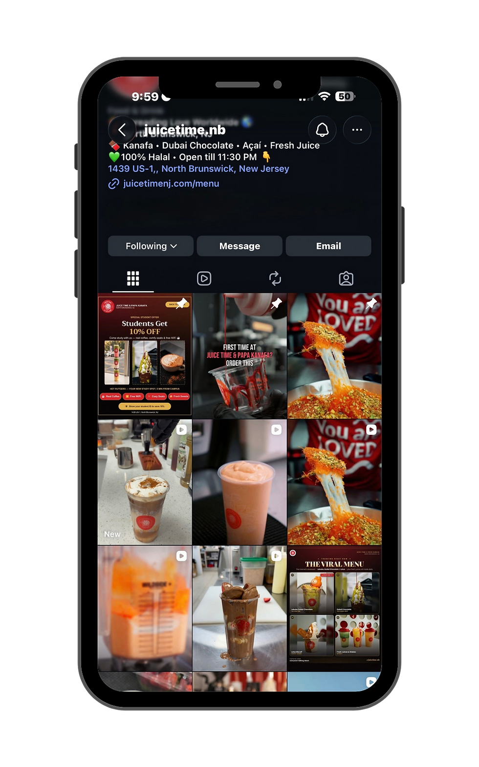 Juice Time Instagram profile on a phone showing reels and posts