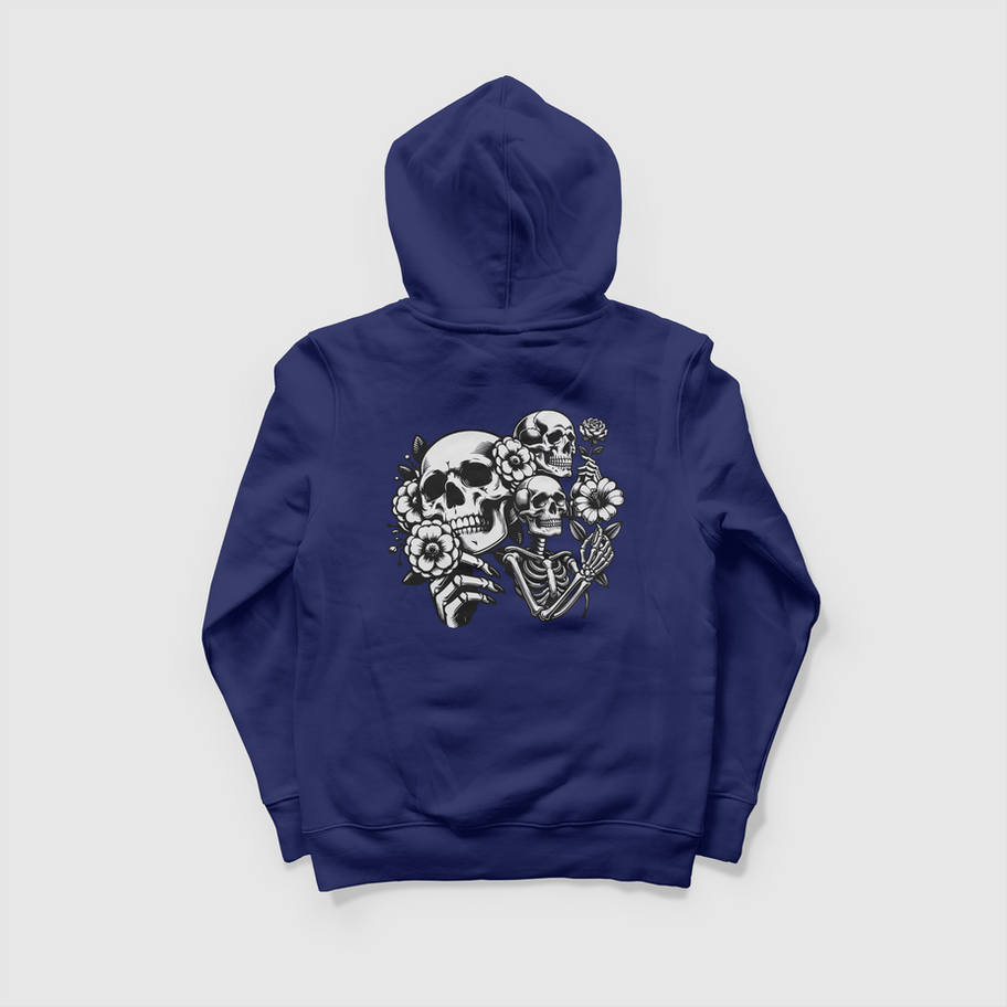Navy blue hoodie with skull graphic design on a white background.