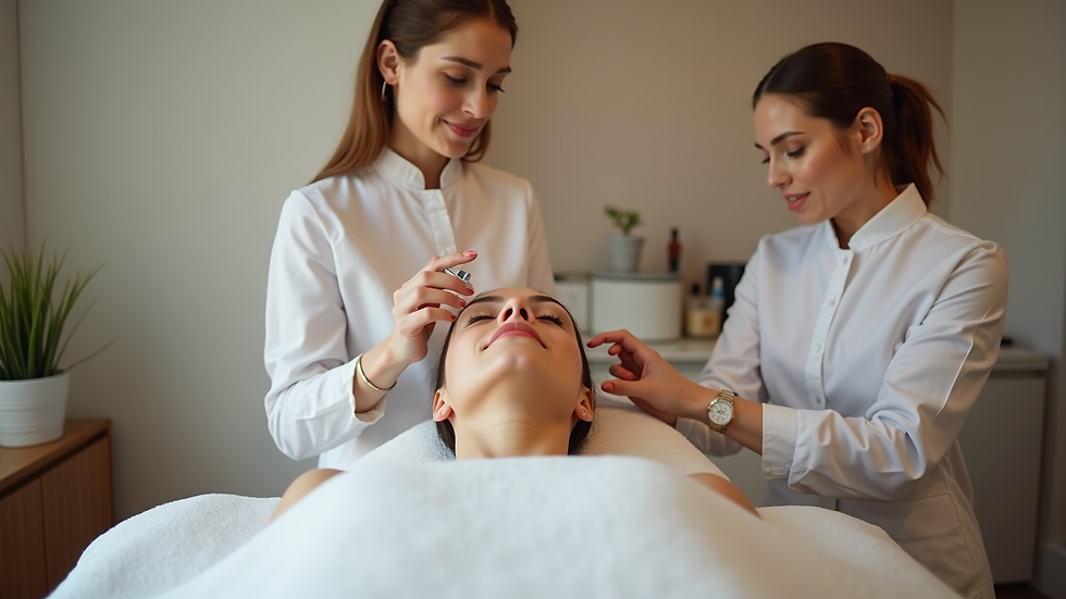 Eye-level view of a beauty professional setting up a treatment room
