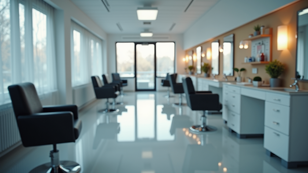 High angle view of a modern beauty training classroom with equipment