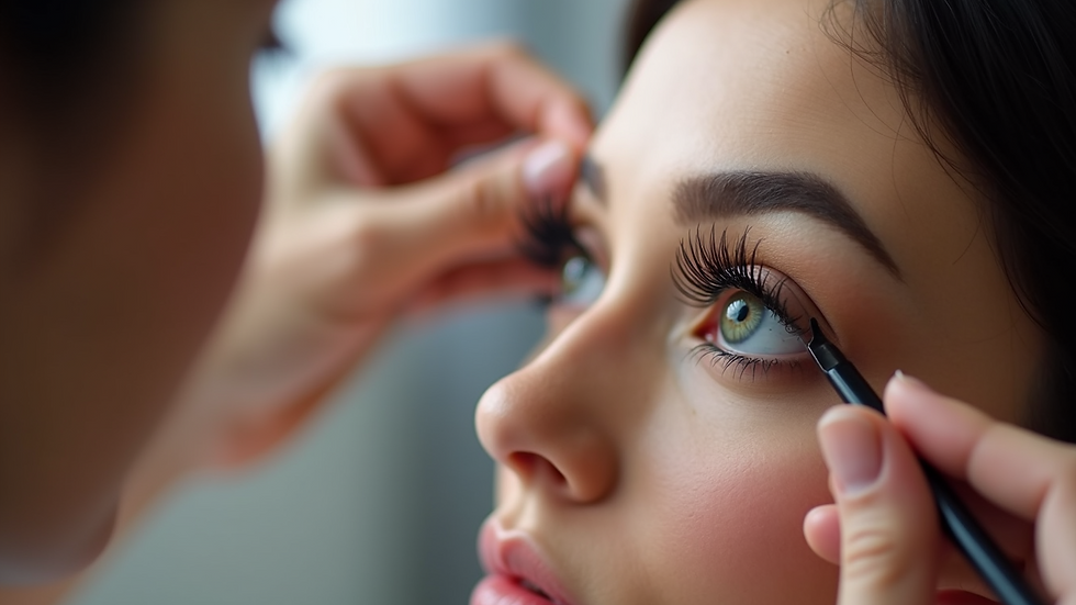 Close-up view of a beauty student practising eyelash extension application