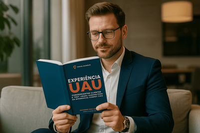 Homem de óculos e barba cerrada segurando um livro simulando o ebook Experiência UAU de Guilherme Viana Gondim