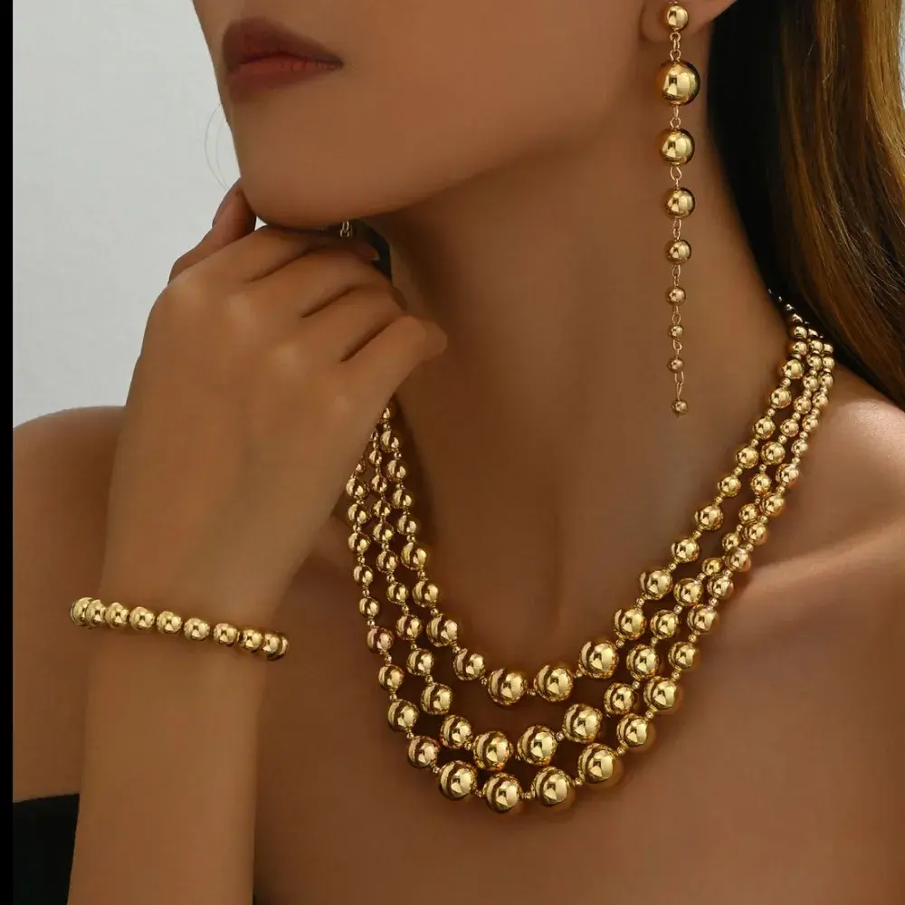 18K Stainless Steel Beaded Multi-Layered Necklace Bracelet Earrings Jewelry Set