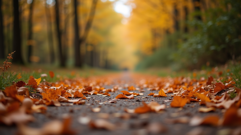 Eye-level view of a serene woodland path lined with autumn leaves