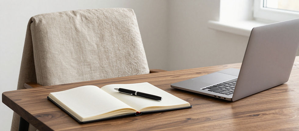 office chair, with desk, laptop and composition book with pen on top
