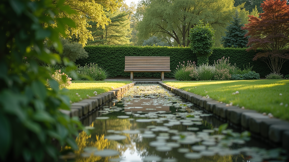 Eye-level view of a serene garden with a bench for reflection