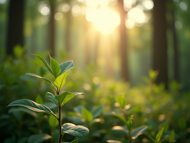 A serene scene depicting sunlight-filtering-through-leaves-in-a-forest-setting-creating-a-