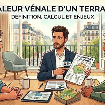 Expert immobilier brun avec barbe de 30 ans présentant une analyse de valeur vénale d'un terrain avec plan cadastral et données de calcul à des clients.