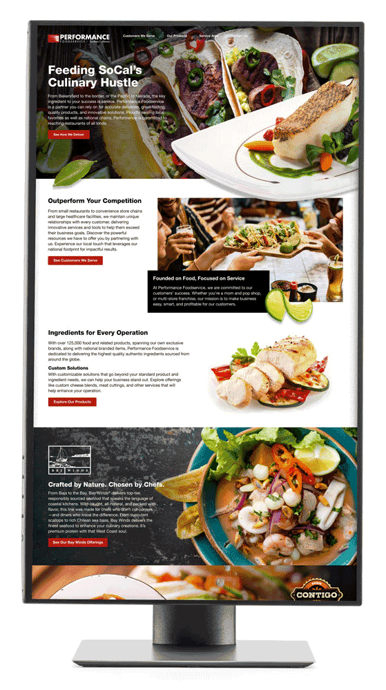 Screenshot of a vertically-oriented landing page for Performance Foodservice – Metro New York, designed to support SEO. The page highlights key offerings with sections like ‘Ingredients for Every Operation,’ ‘Crafted by Nature, Chosen by Chefs,’ and ‘Bold Latin Flavor, Baja Ready.’ Colorful food photography features tacos, chicken breast, ceviche, and Latin-inspired dishes. CTAs include ‘Explore Our Products’ and ‘See Our Bay Winds Offerings.’ Brand logos and bold headlines are paired with descriptive copy to emphasize product variety, quality, and regional service capabilities.