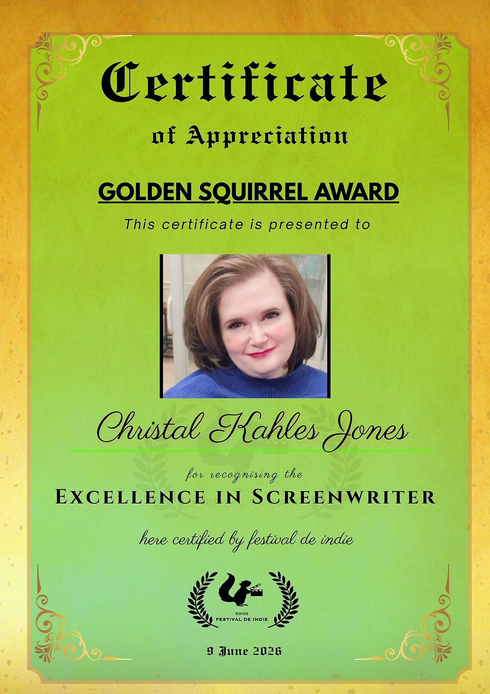 Christal Kahles Jones won Golden Squirrel Award !!! Congratulations !!!