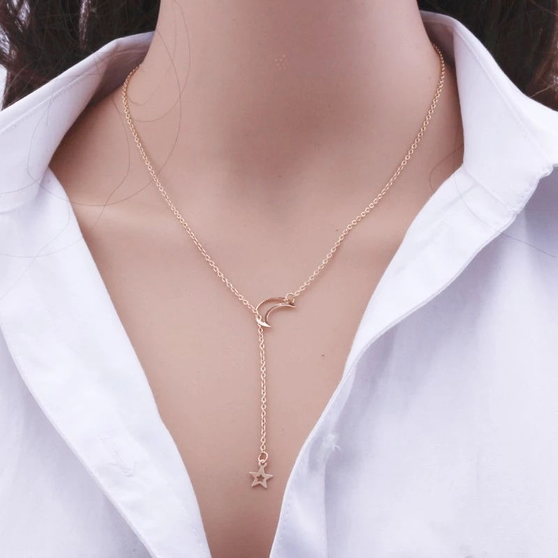 Thumbnail: New Simple Moon Star Pendant Choker Necklace Simple Gold Color Alloy Charm Chain