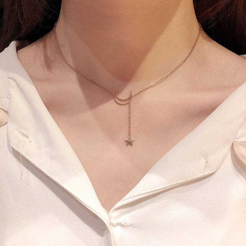 Thumbnail: New Simple Moon Star Pendant Choker Necklace Simple Gold Color Alloy Charm Chain