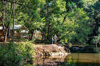 A stay with AfriCamps is all about boutique glamping at the most beautiful working farms, estates, and reserves in South Africa. Their custom-designed boutique glamping tents are fully furnished with everything you need for a comfortable self-catering stay – from the well-equipped kitchens to the spacious showers. You can experience the freedom and beauty of the great outdoors, without compromising on the comforts you love. The tents are suitable for everyone, whether close friends, couples or families.
Each tent includes:
● Ensuite bathroom with shower
● Fully equipped kitchen
● Wood-fired hot tub (at selected camps)
● Outdoor BBQ area
● Tents accommodate up to 5 guests and are ideal for families and groups of friends.
● At each camp you can order a breakfast basket, BBQ basket and firewood at additional cost.
This camp, nestled in the lowveld between Hazyview and Sabie, is the perfect place to relax and explore the beautiful Mpumalanga bush, the breath-taking Panorama Route, and the untamed Kruger National Park area. The camp is perfect for families, couples or close friends. AfriCamps at Mackers is a peaceful oasis for those who enjoy nature at its best in an undisturbed environment. Apart from the adrenalin-filled attractions in the area, the camp's sights and sounds are unforgettable, hear the bush babies and owls at night from the comfort of your tent, walk a few meters to dip your toes in the soothing Sabie river, unwind by the beautiful infinity swimming pool or hike along the river to see wild rapids upstream. The camp is perfectly positioned to spend at least a day in the Kruger National Park spotting the Big 5, or driving along the Panorama Route and experiencing the breath-taking scenery. God's Window, Bourke's Luck potholes and the Blyde River Canyon are all spectacular sights. Your hosts will gladly arrange tours for both routes. The beautiful Sabie Valley Nature Conservancy is home to more than 250 bird species. The camp has an honesty shop where kids can borrow a selection of games and fishing rods and you can get ice creams and cold drinks too.