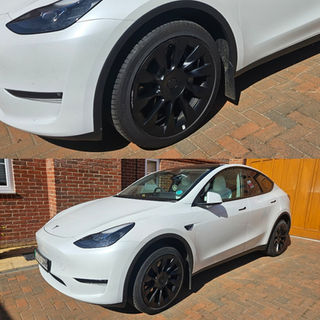 wide shot of a Tesla with black alloys and a close up shot of the alloys