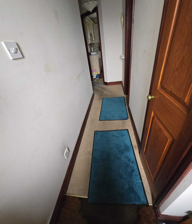 Narrow hallway with rugs and access to multiple rooms requiring full property clearance.