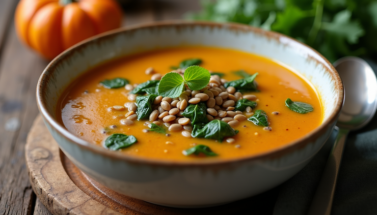 Close-up view of a bowl of thick turnip soup with lentils and spinach