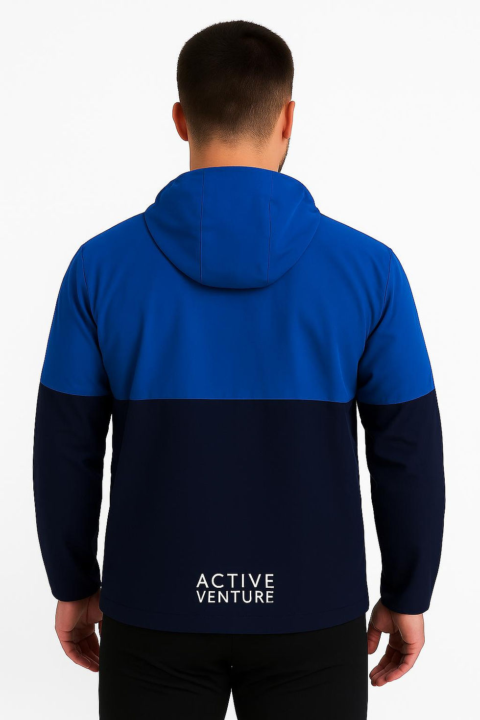 Thumbnail: A behind shot of a man wearing a black and blue Active Venture hoodie