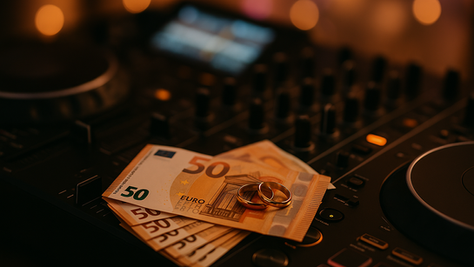 Geldscheine und Eheringe auf einem DJ-Pult – Symbolbild für Hochzeits-DJ-Kosten und Budgetplanung