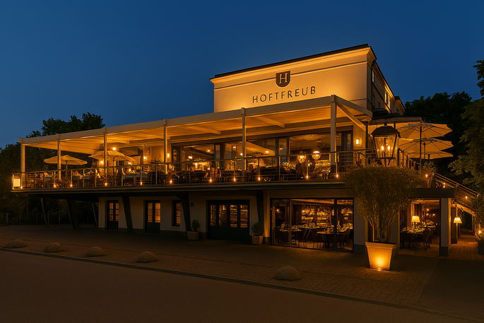 Das Bild zeigt das Bootshaus Mannheim bei Abenddämmerung. Die große Terrasse ist stimmungsvoll beleuchtet und mit weißen Sonnenschirmen ausgestattet. Im Inneren sind elegante Tische und eine stilvolle Bar sichtbar, die durch warmes Licht eine luxuriöse Atmosphäre schaffen. Die Architektur kombiniert klassische Elemente mit modernem Design und vermittelt den perfekten Rahmen für Hochzeiten und gehobene Events.