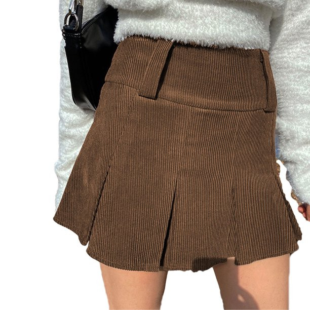 A brown corduroy miniskirt with a wide waistband and topstitched box pleats. The pleats are topstitched for about 5 inches.