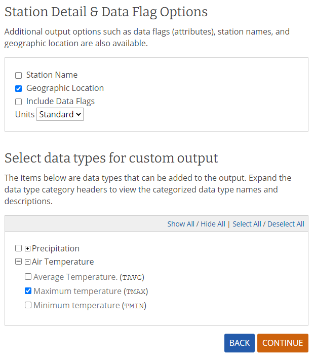 A screenshot of the selecting the data to be downloaded. This page has the boxes checked for geographic name and maximum temperature (TMAX) under air temperature for data output.