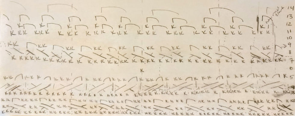 A scanned image of a knitting "chart" for the large size hat using unconventional symbols for decreasing.
