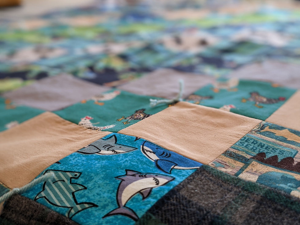 A close-up image of a baby-sized quilt, made of squares of scrap fabric. In this image, the fabric squares are blue with cartoon sharks, blue and grey plaid, solid tan, teal with roosters, solid grey, and some blurry dinosaurs on navy in the background. The quilt is bound with blue yarn ties.