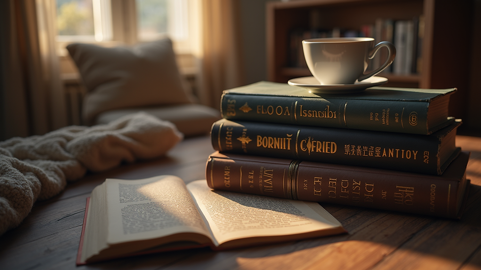 Eye-level view of a cozy reading nook with a stack of crime novels and a cup of coffee