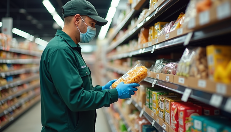 Eye-level view of a food inspector examining packaged food items in a Queensland grocery store