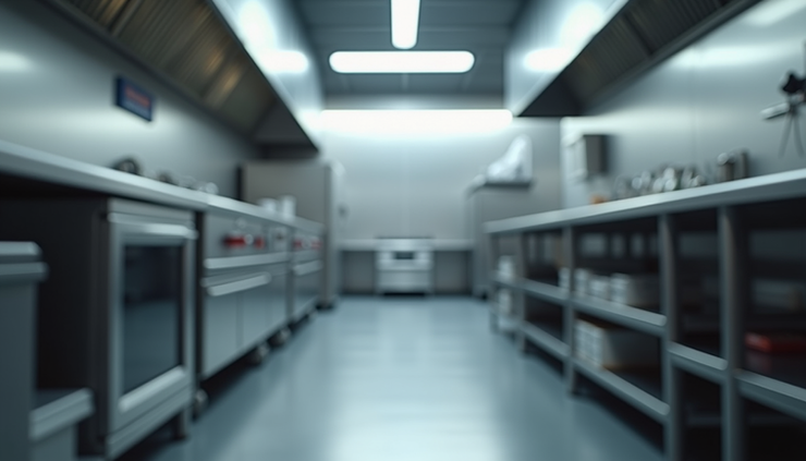 Eye-level view of a clean commercial kitchen with stainless steel surfaces and food preparation areas