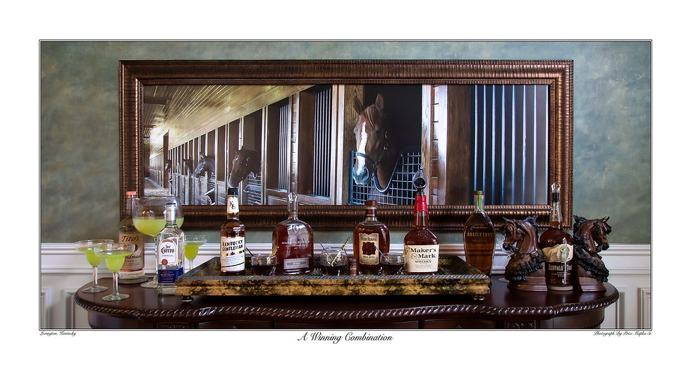 Thumbnail: A Winning Combination 7.5x14 Kentucky Bourbon art print showcasing bourbon art and horse art combined into one image