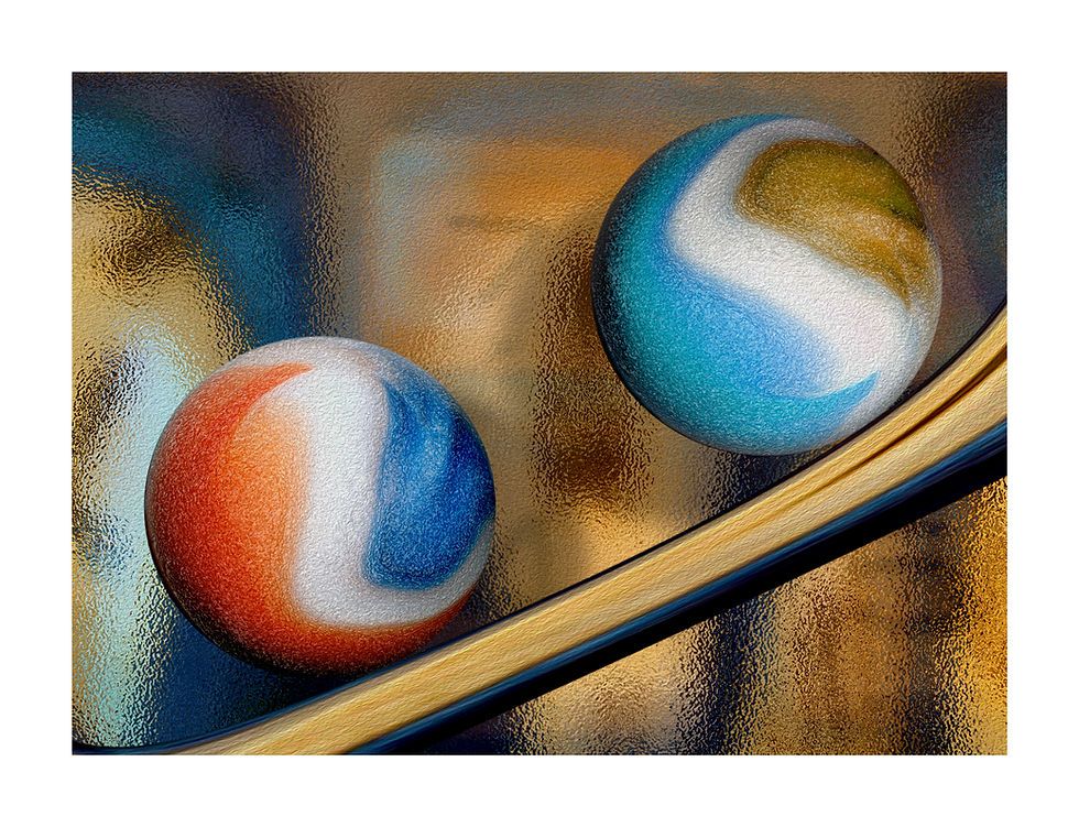 Thumbnail: Marbles 23x30 With Border is a contemporary modern abstract fine art print showcasing two rolling abstract marbles