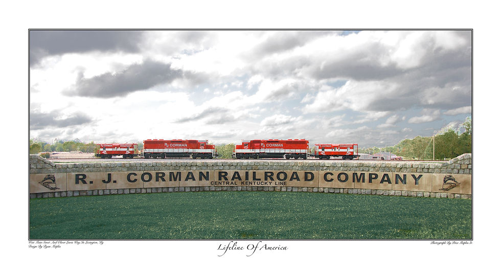 Thumbnail: Lifeline Of America 7.5x14 Kentucky art cityscape and street scene print that displays R. J. Corman Railroad Company Trains