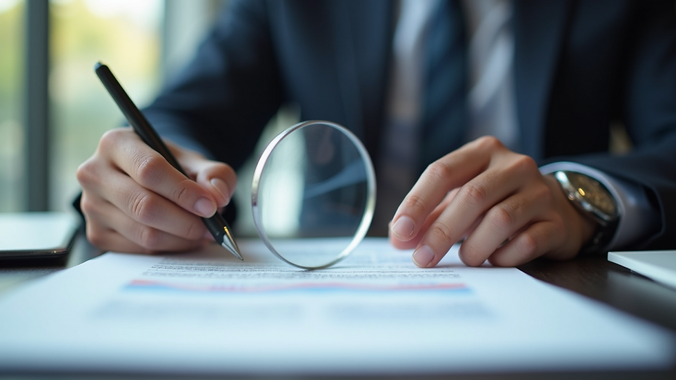 Close-up view of a person reviewing legal documents with a magnifying glass