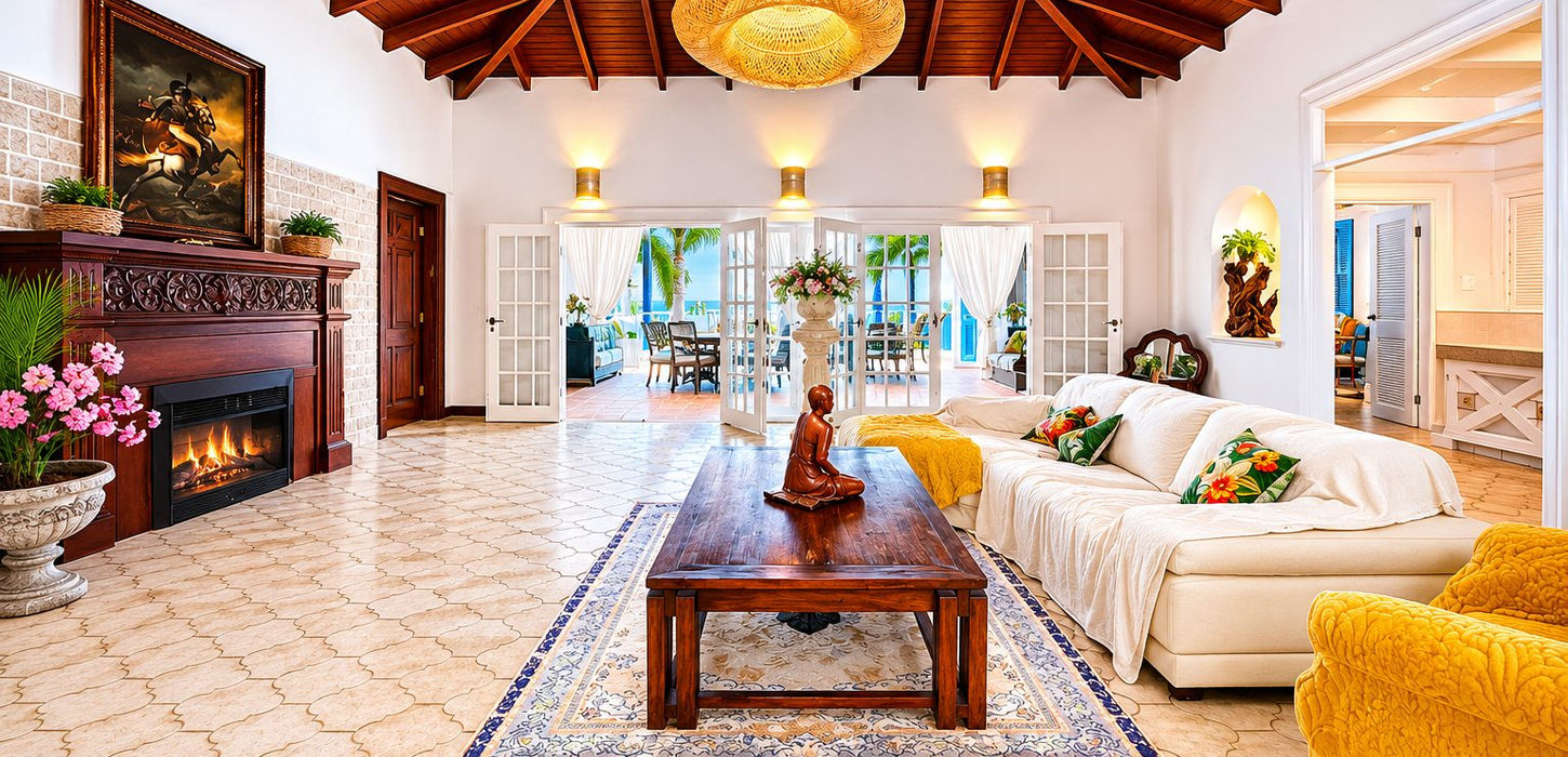 Grand luxury living room with vaulted ceilings in Sint Maarten villa
