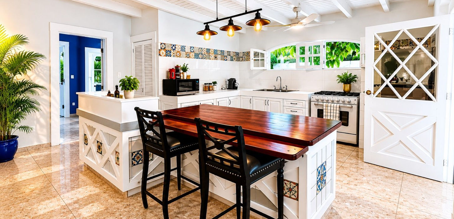 Modern kitchen entrance in Caribbean luxury villa for sale in Sint Maarten