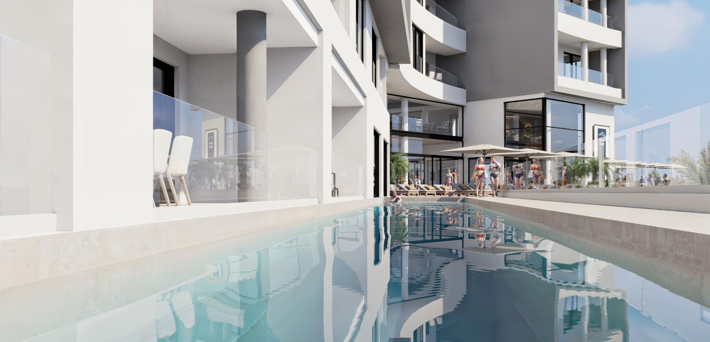 Pool deck and amenities at Ocean Blue Sint Maarten condos with lounge area and outdoor living in cupecoy st maarten