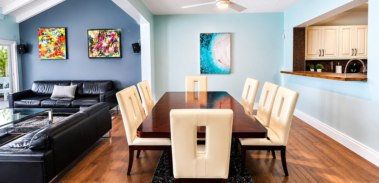 Open concept dining and living room with tropical ambiance in Sint Maarten villa