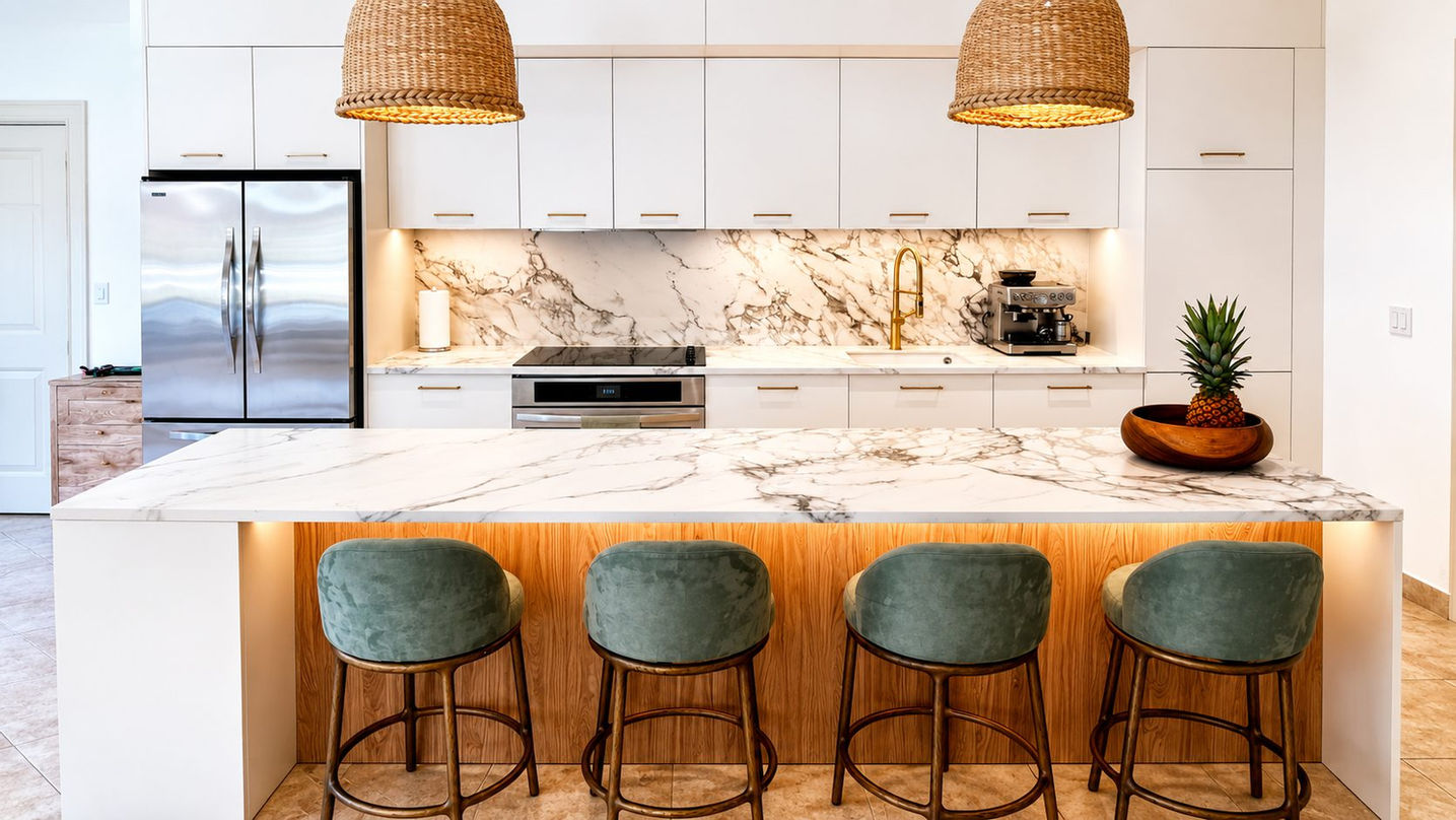 Contemporary gourmet kitchen featuring oversized island and custom cabinetry in Porto Cupecoy, Sint Maarten