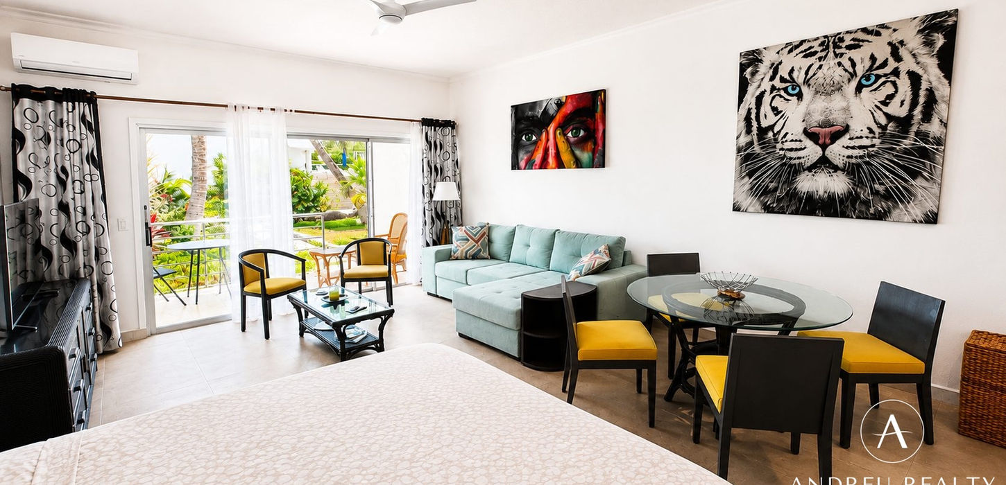 Bright furnished studio for sale in St. Maarten with open-plan living and dining area, tropical terrace access and modern décor.