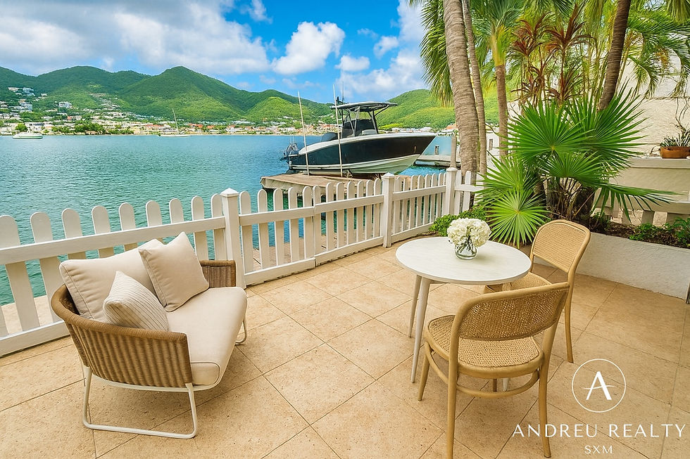 Waterfront terrace overlooking the lagoon and marina in Simpson Bay, Sint Maarten
