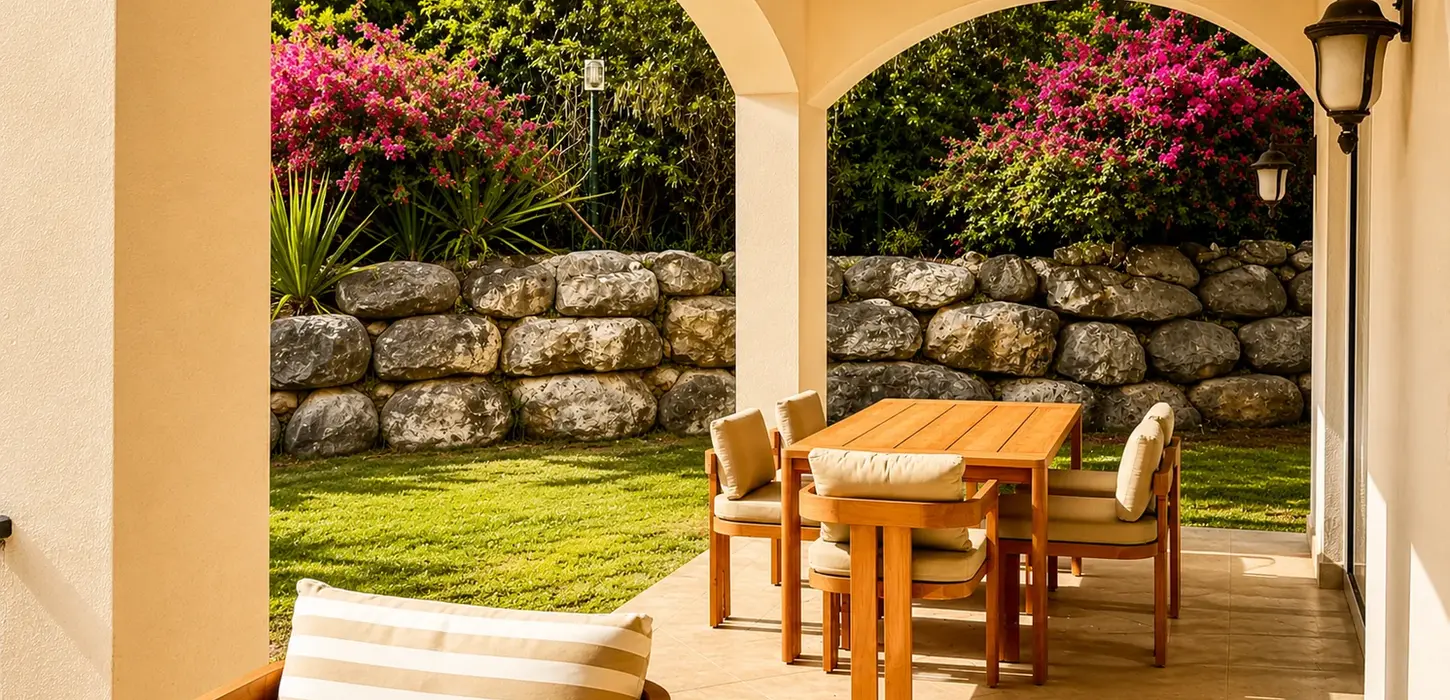 Covered outdoor dining terrace overlooking a private tropical garden at a luxury condominium for sale in St. Maarten.