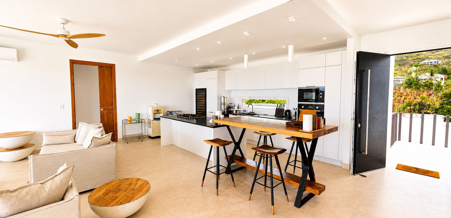 Modern chef's kitchen with custom cabinetry, oversized island and premium appliances in luxury villa for sale in Guana Bay, St. Maarten.