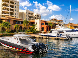 Boats moored at the Porto Cupecoy marina, Sint Maarten