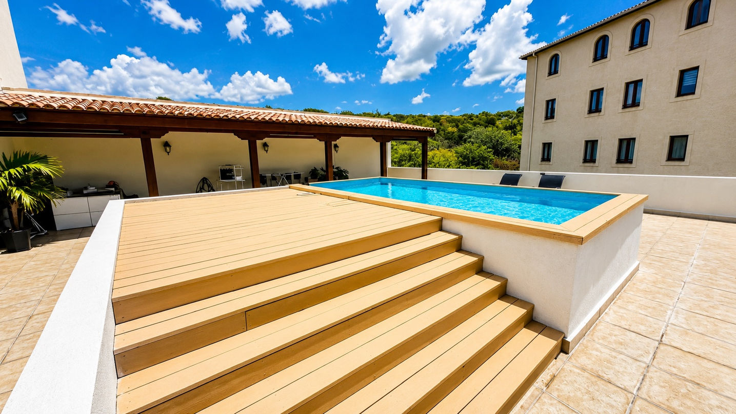 Private rooftop swimming pool surrounded by spacious terraces at a luxury penthouse for sale in Cupecoy, St. Maarten.