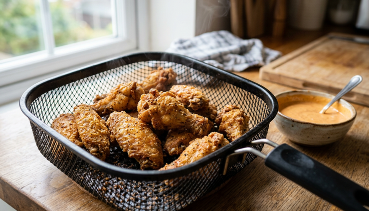 Close-up view of crispy air fryer chicken wings in a basket