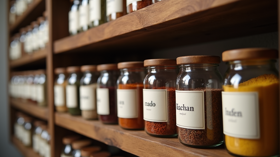 High angle view of spice jars labeled with different blends on a wooden shelf
