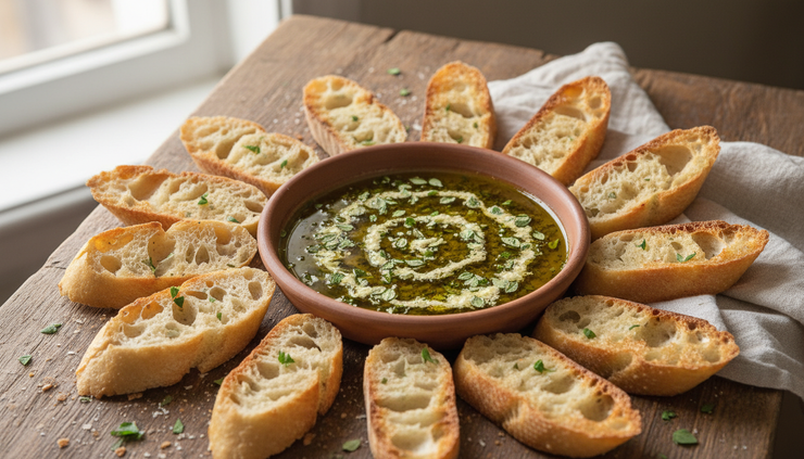Eye-level view of warm sliced ciabatta beside a bowl of seasoned olive oil.